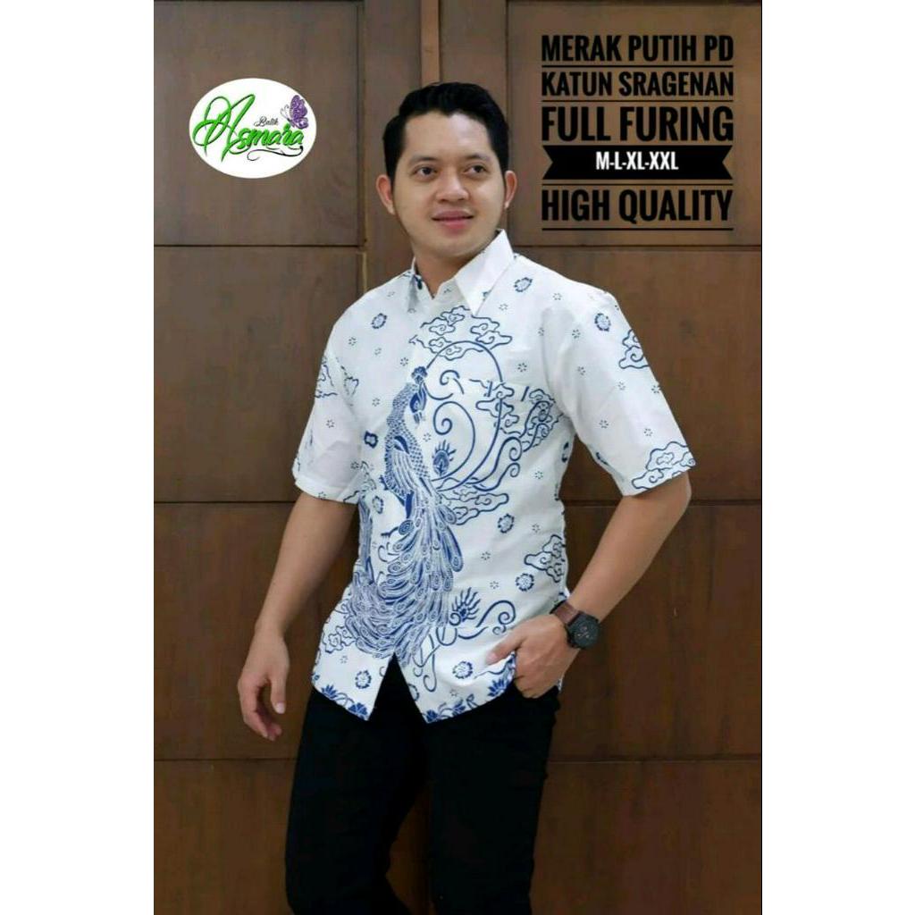 Kemeja Batik Lengan Pendek Warna Putih Baju Batik Pendek Putih MERAK PUTIH Batik Pendek Lapis Furing