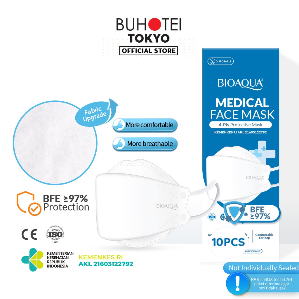 BUHOTEI Disposable Masker wajah EVO Earloop Face Mask Kesehatan masker medis-BA-Medical White 10p