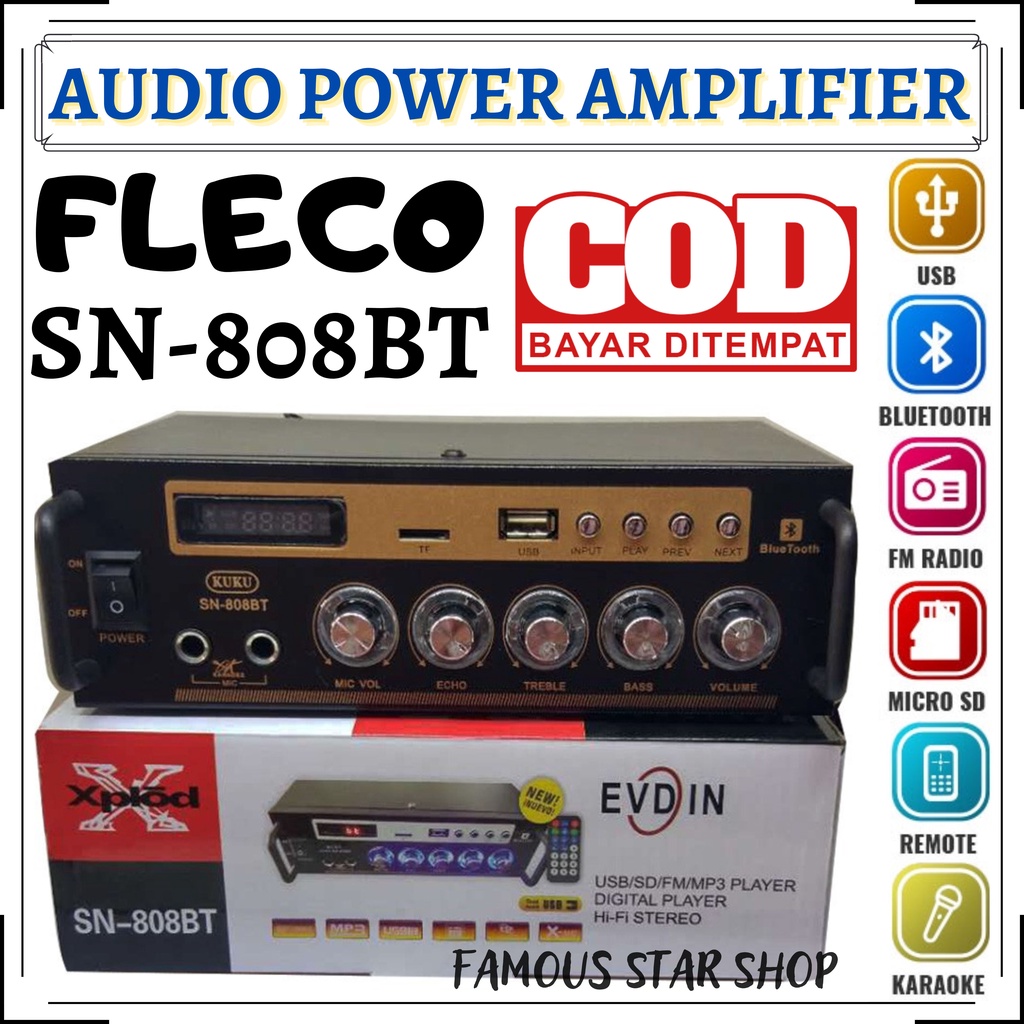 Power Amplifier Fleco SN-808BT/ Amplifier bluetooth SN-808BT bisa pakai 2 mic | FMS