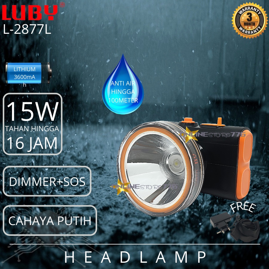 SENTER KEPALA / SENTER KEPALA LUBY L2877L 15WATT / HEADLAMP LUBY L2877 15WATT / 15W / SENTER KEPALA RECHARGEABLE / CAHAYA PUTIH