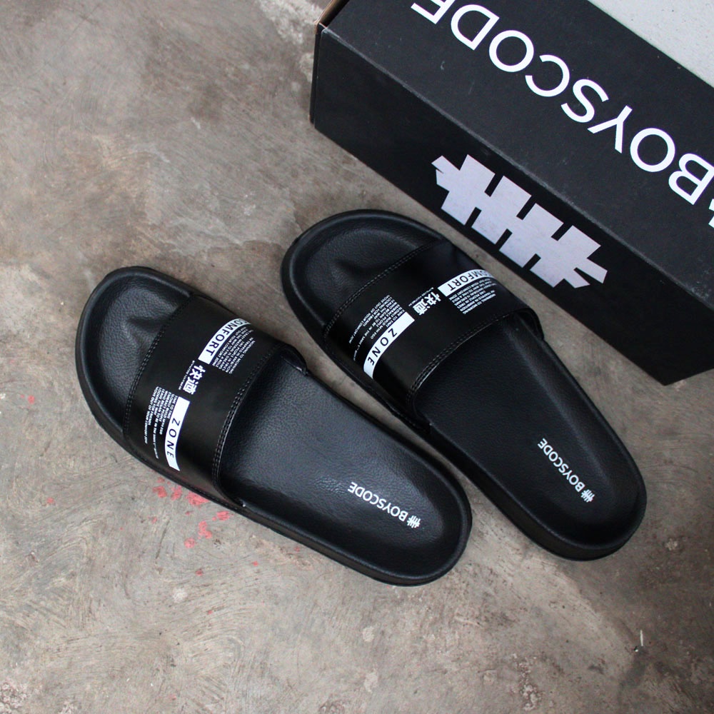 Sendal Selop Casual Pria BOYSCODE Original Comfort Zone Hitam Fullblack / Sendal Slide Pria / Sendal Slip On Pria