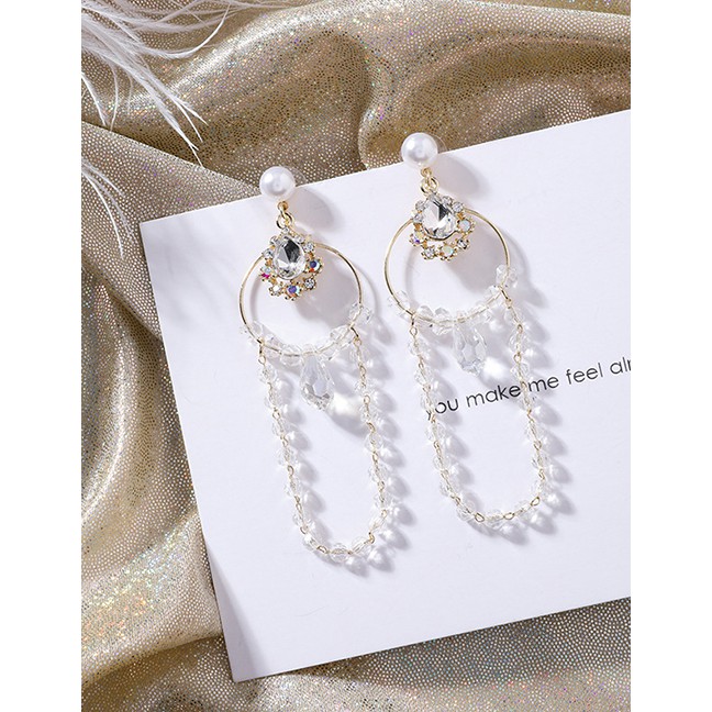 LRC Anting Tusuk Fashion Gold Pearl Ring Dripping Crystal Tassel Earrings F62467