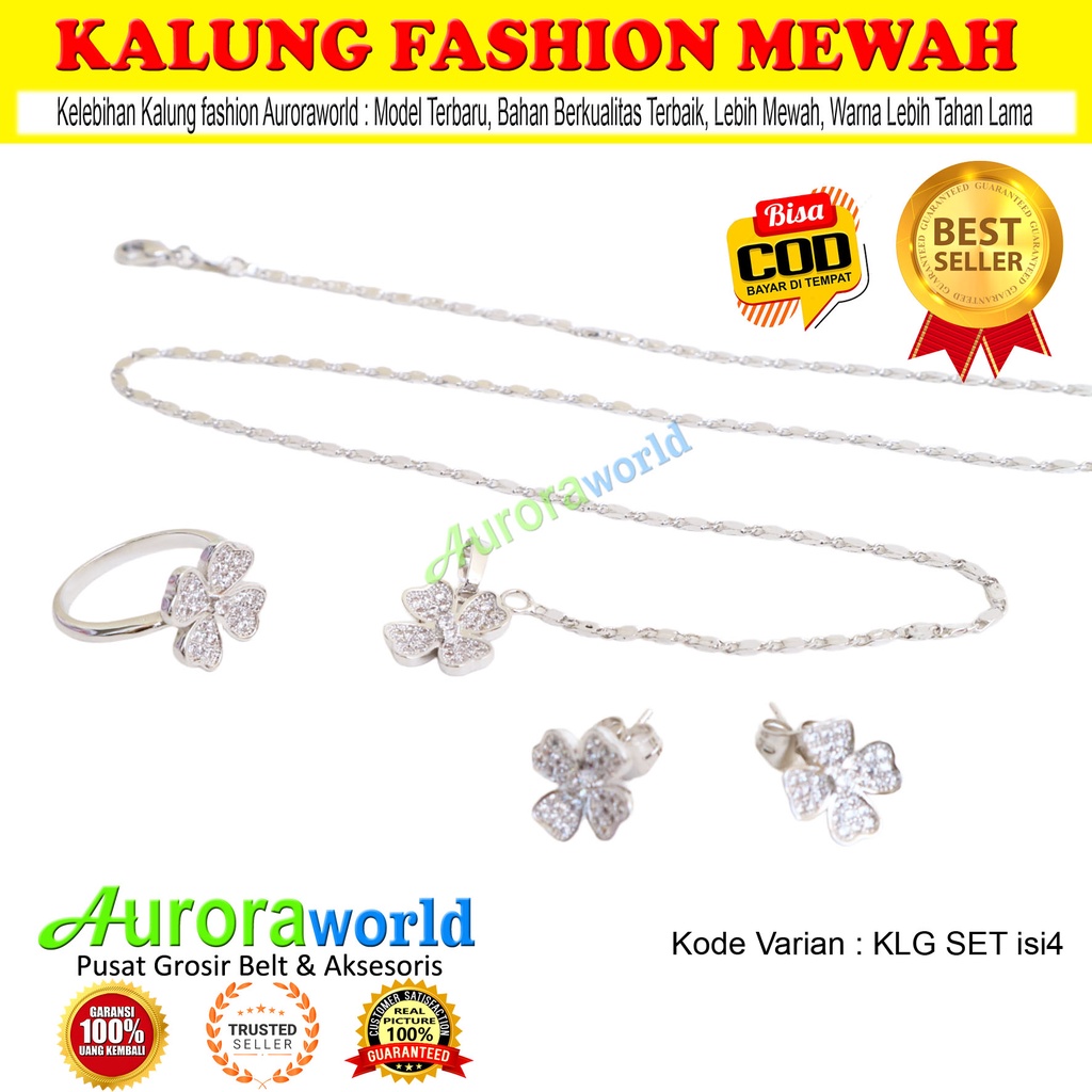 Set perhiasan lapis emas putih kalung giwang cincin 4 clover leaf