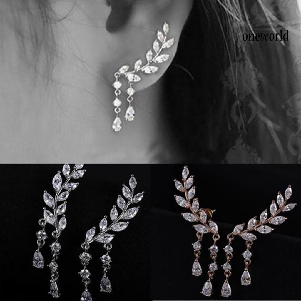 OW@ 1 Pair Women Leaves Shape Rhinestone Inlaid Water-drop Tassels Earrings Ear Studs Jewelry for Party