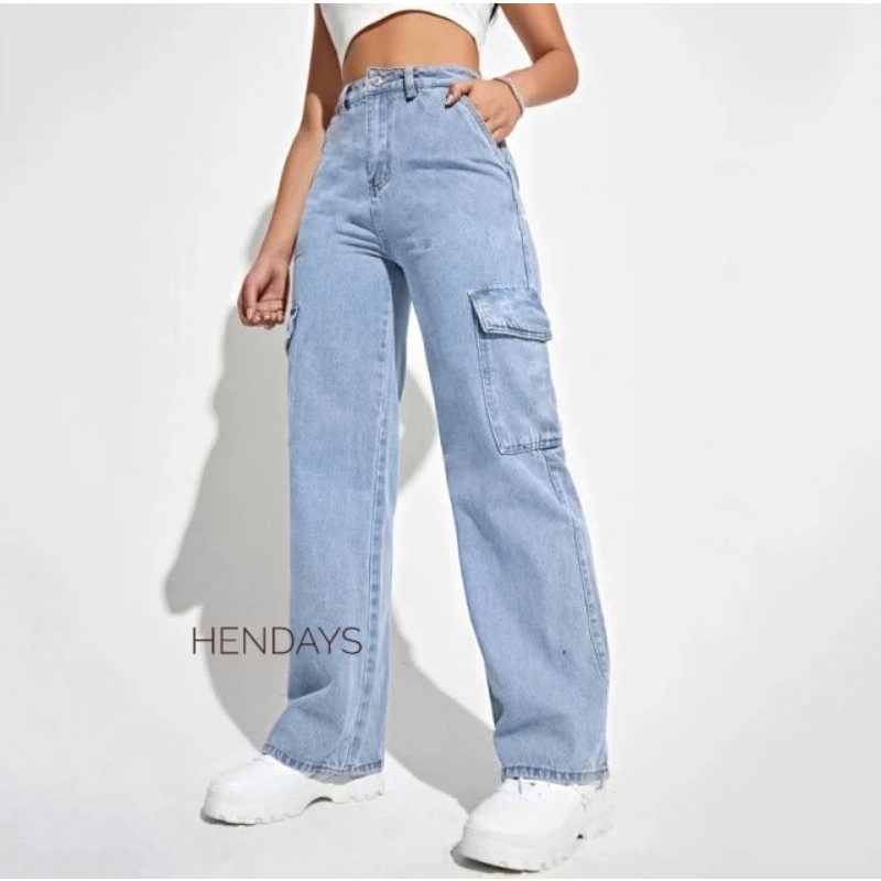 Celana Highwaist Cargo Jeans Wanita Loose Light Blue