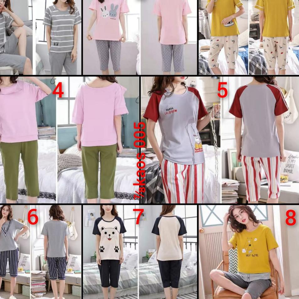 ♡ Baju tidur piyama lengan pendek celana tujuh perdelapan bahan kaos import 7/8kaos005 ➮