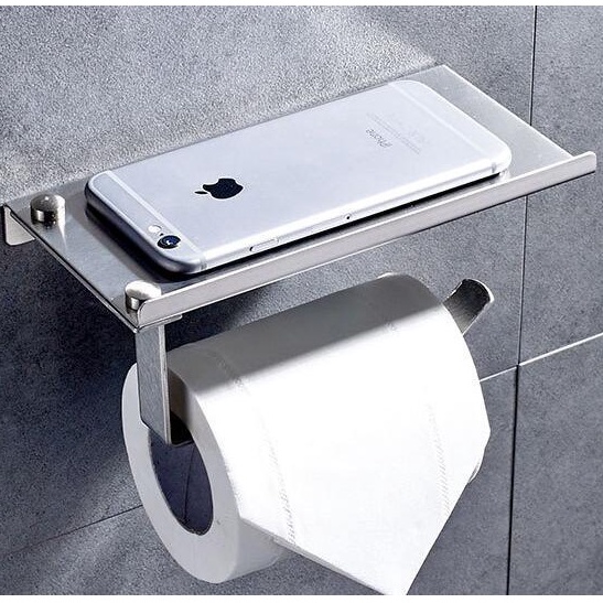 Holder tisu gulung roll tissue Wall Tembok dinding toilet WC Stainless Steel Anti karat Tahan lama dengan tatakan kecil  untuk barang HOUSEEN Gantungan Tempat Tisu Toilet Stainless Steel H226 Warna Silver Wall Mount Toilet Paper Holder with Phone Shelf