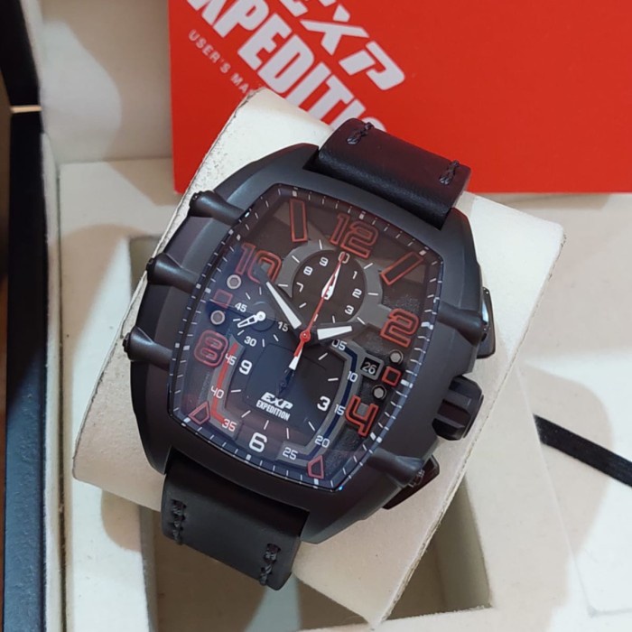 JAM TANGAN PRIA EXPEDITION 6822 E6822 BLACK RED LEATHER ORIGINAL
