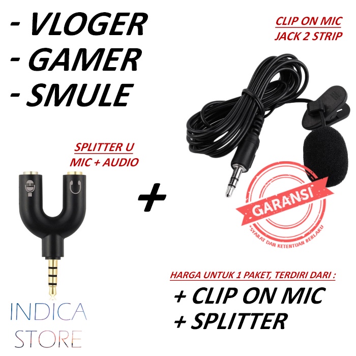 Paket Audio Splitter U & Clip On Mic ( Jack 3.5 mm ) Good Quality