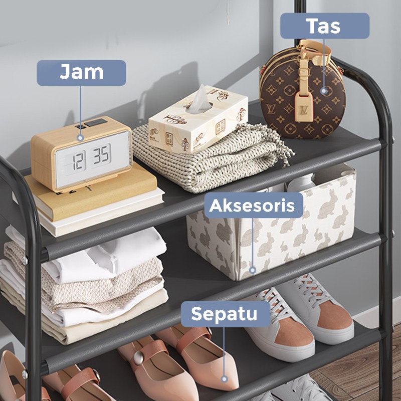 Stand Hanger Baju Rak Sepatu Baju Rak Gantung Pakaian Tas Topi Rak Portable Multifungsi Rak Sepatu Penyimpanan Jaket Topi Rak Jemuran