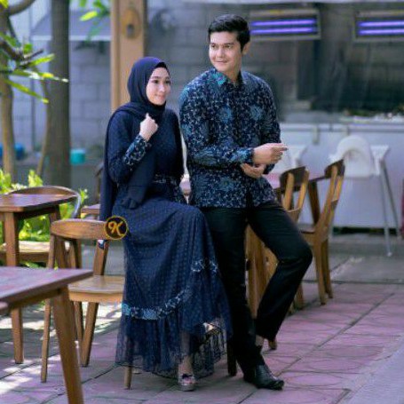 BAJU COUPLE KEMEJA LENGAN PANJANG & GAMIS TILE DOTY MIX MAXMARA & KATUN MOTIF BATIK DAUN NAVY