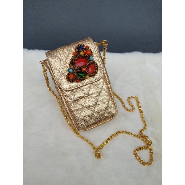 Tas Hp Kulit Sapi Warna Gold / Tas Pesta HP / Tas Kondangan Warna Gold / Tas HP Asli Kulit