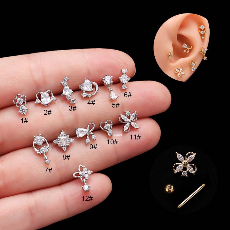 1pc Anting Tindik Tulang Rawan Telinga Bentuk Hati Ganda Bahan Stainless Steel 20Gauge Dengan Zircon