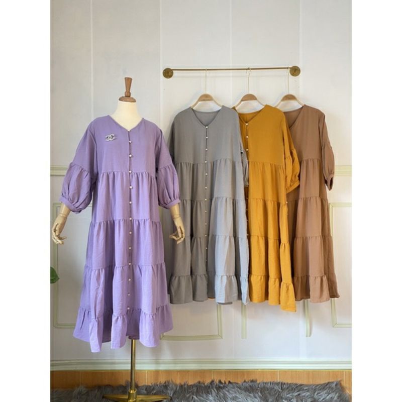 DIJAMIN TERMURAH PROMO KINAN MIDI DRESS CRINCKLE AIRFLOW IMPORT FULL KANCING  BUSUI ATASAN WANITA VI