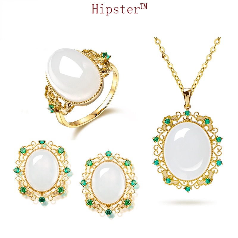 New Fashion White Chalcedony Gold Stud Earrings Elegant White Gemstone Pendant Retro Easy Matching Open Ring Jewelry Set