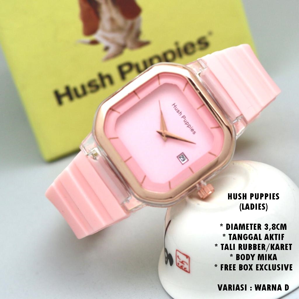 (FREE BOX) JAM TANGAN WANITA HUSH PUPPIES TALI RUBBER BODY SEGI TANGGAL AKTIF