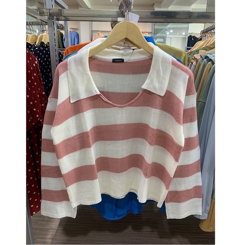 FUJI CROP ATASAN BLASTER STRIPE - BLOUSE RAJUT CROP TOP KOREA - SWEATER WANITA