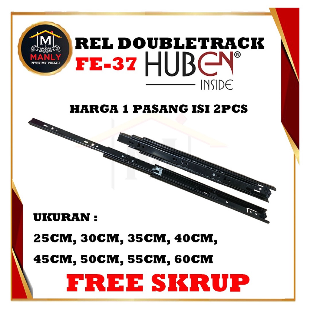 Rel HUBEN Laci Double 2x Tarik Full Extension FE 37mm 25 30 35 40 45 50 55 60cm (FREE SEKRUP)