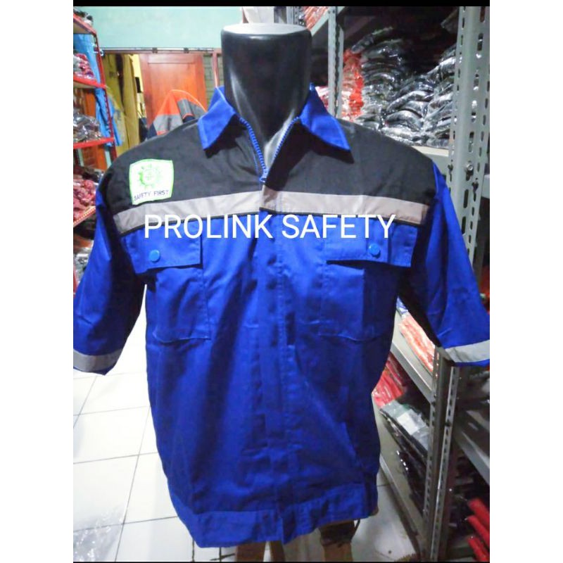 SERAGAM SAFETY LENGAN PENDEK BIRU HITAM FREE LOGO RESLETING PREMIUM