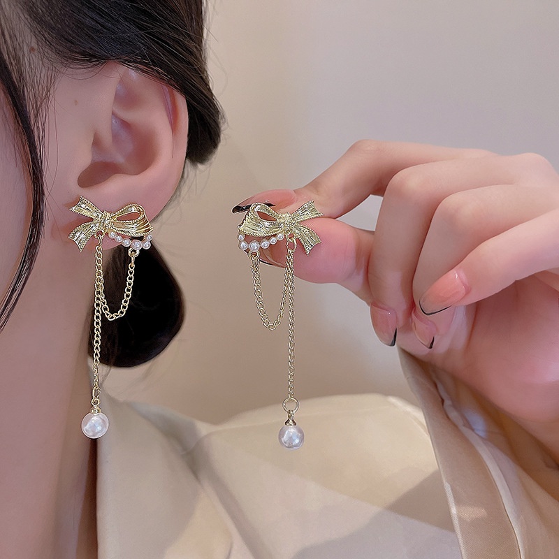 Anting Tusuk Gantung Bahan Sterling silver 925 Desain Pita + Mutiara Untuk Wanita