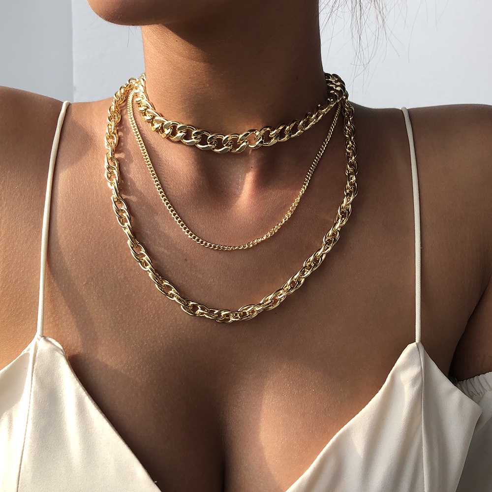 Multilayer Tebal Rantai Klavikula Rantai Kuba Liar Kreatif Fashion Kalung Retro Angin Dingin Kepribadian Wanita Kalung