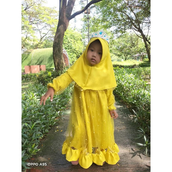 Gamis anak perempuan terbaru baju gamis set hijab tile akar mutiara lengan balon