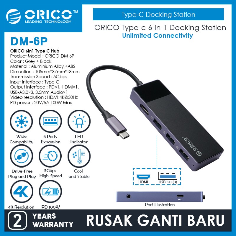 ORICO 6in1 Type C Hub 3x USB 3.0 PD 60W HDMI 4K 30Hz AUX