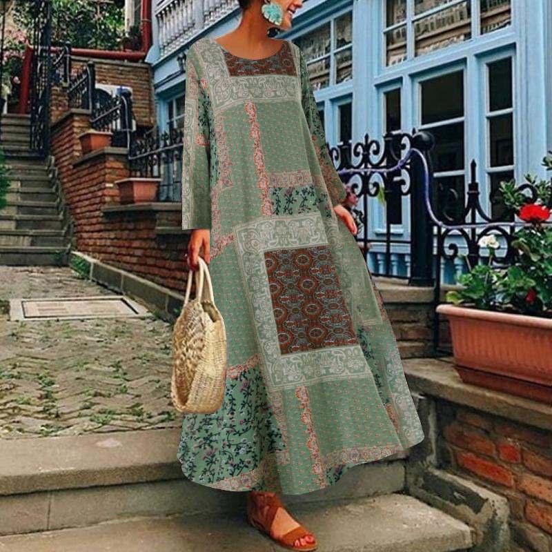 ZANZEA Women Autumn Vintage Floral Printed Long Dress Cotton Linen Sundress Robe Femme Long Sleeve L