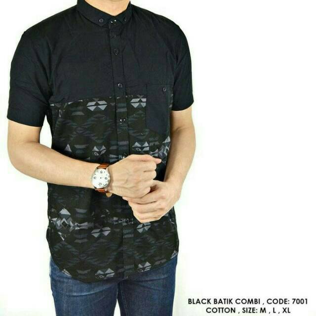 Kemeja Kerja Cowok Formal Motif Batik Kombinasi Polos Hitam