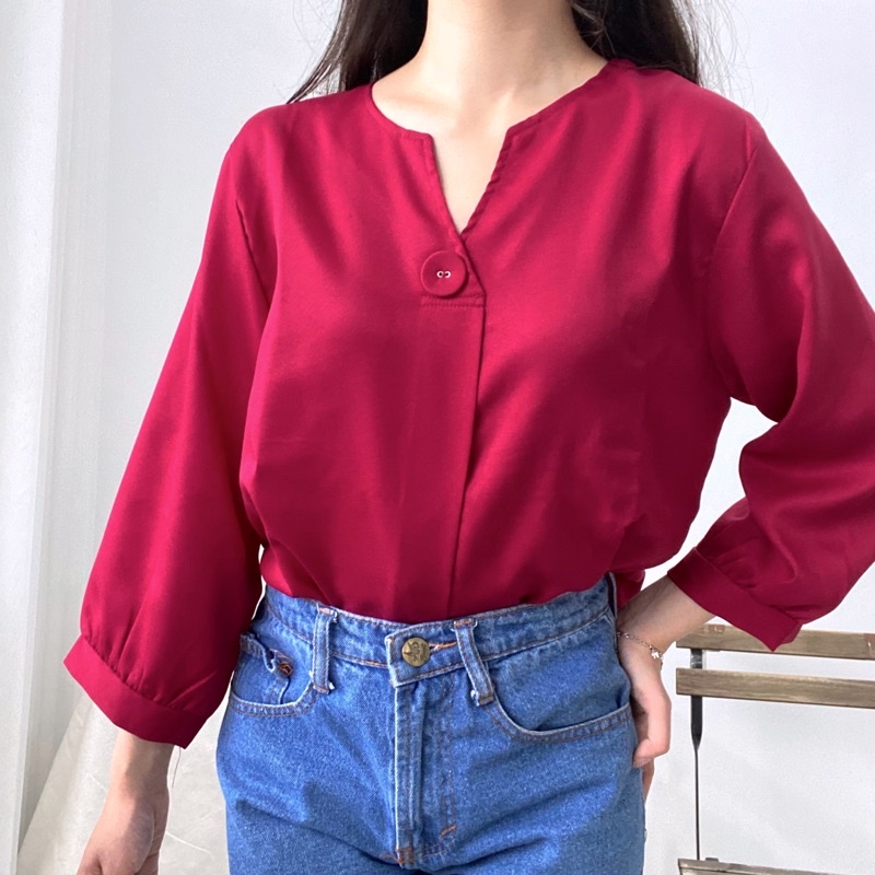 ALMI V-Neck Blouse One Button Formal Daily Baju Kantor 0371