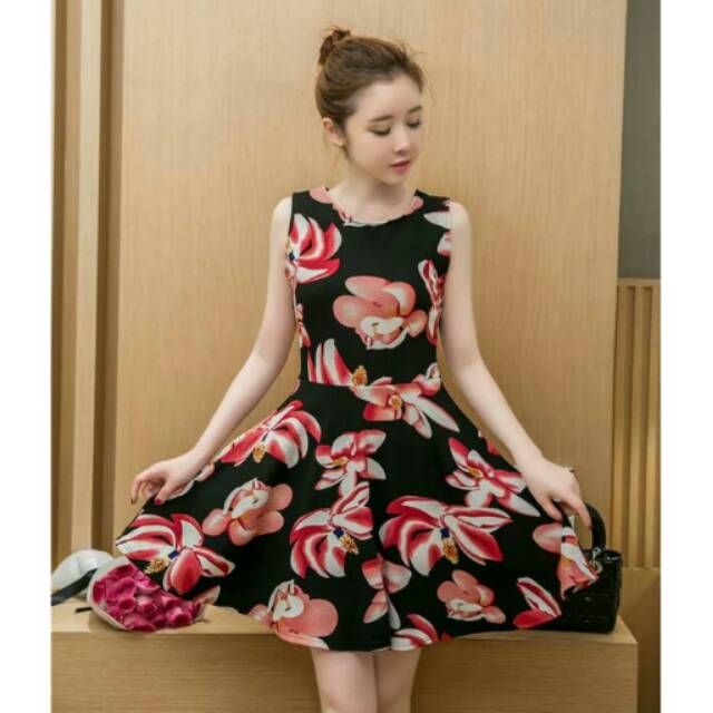 Dress korea motif bunga katun import