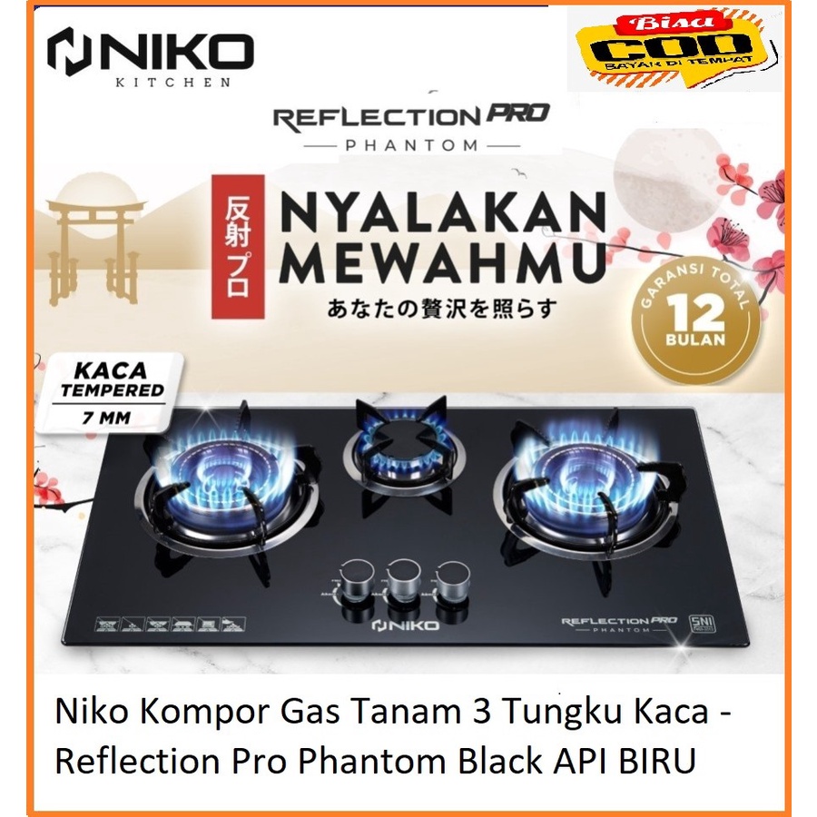 Niko Kompor Gas Tanam 3 Tungku Kaca - Reflection Pro Phantom Black-API Tornado