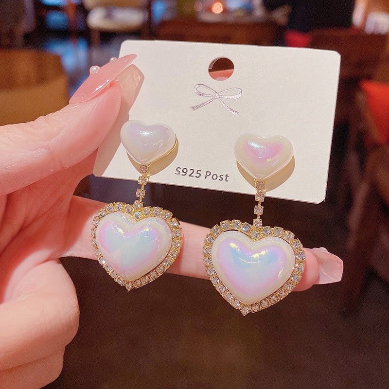 Anting Tusuk Bentuk Hati Aksen Mutiara Bahan 925 silver