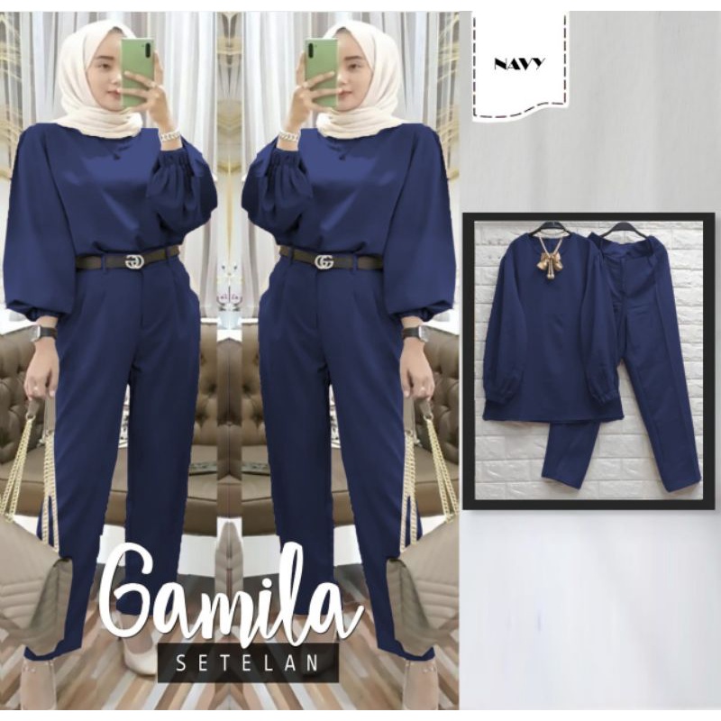 SET GAMILA FASHION PAKAIAN WANITA SETELAN ATASAN DAN CELANA BAHAN MOSCREPE JCHM