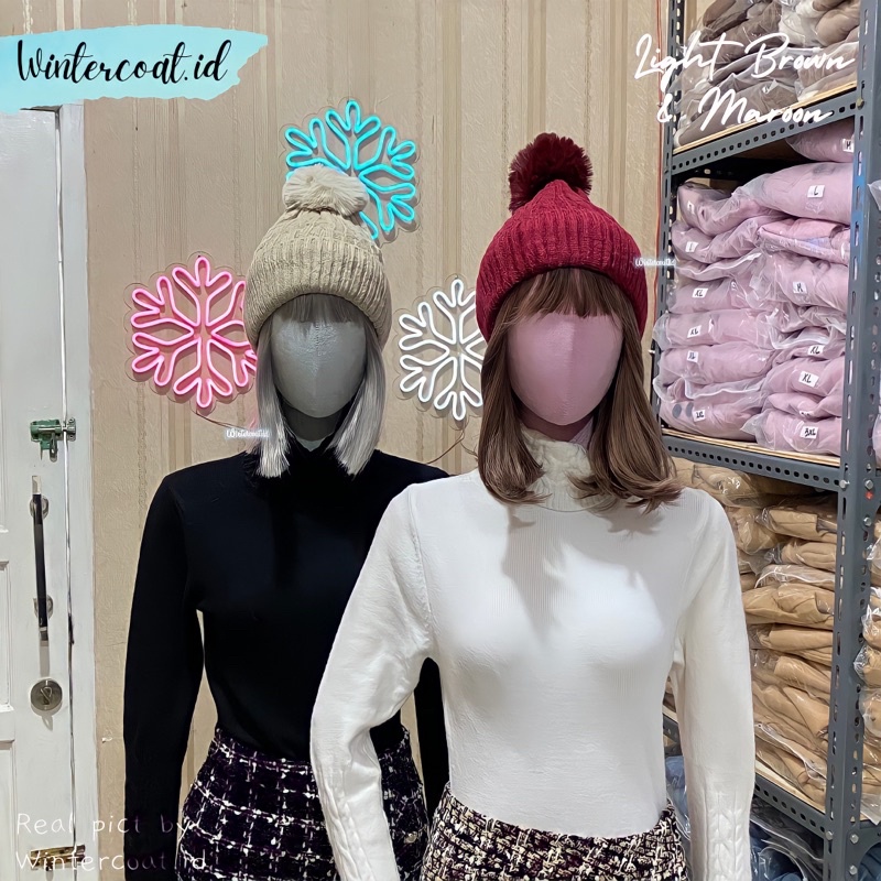 Beanie hat winter wanita topi kupluk pompom adjustable rajut wool tebal hangat musim dingin bromo unisex