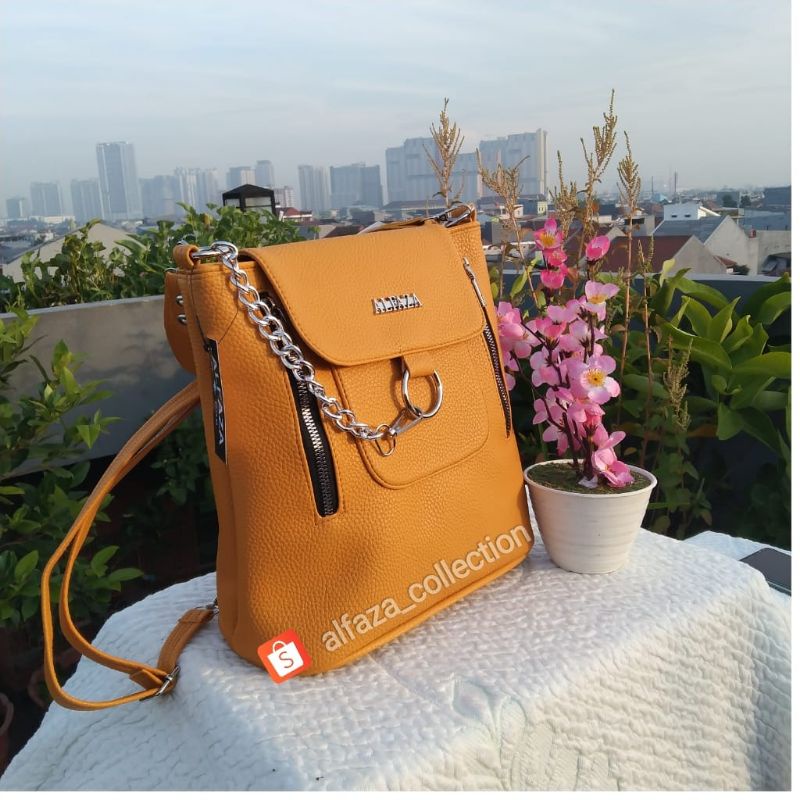 ALFAZA tas ransel wanita Korea bahan kulit jeruk ukuran T28xP26xL11