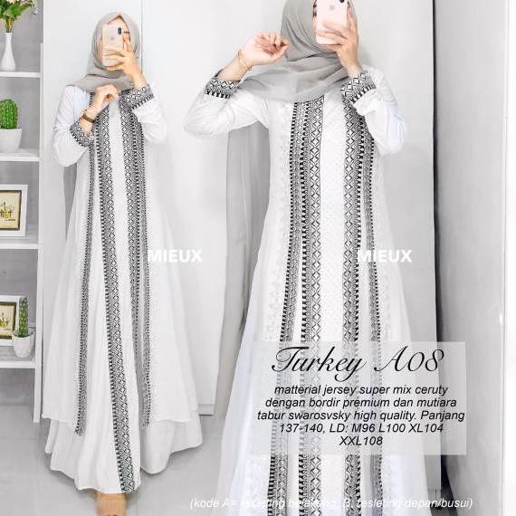 Bagus Banget.. Abaya turki A08 putih bordir hitam silver tabur swarovski mewah elegan | gamis putih