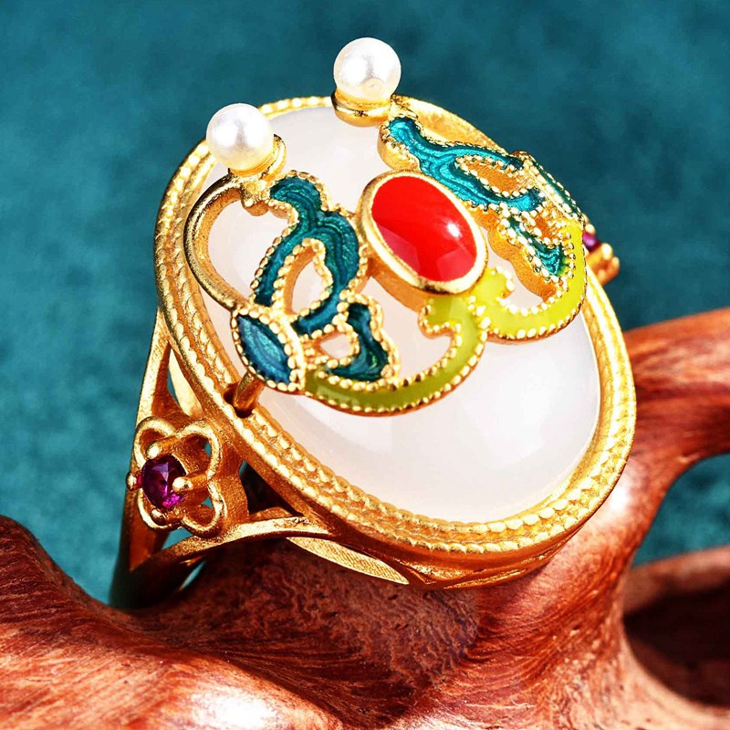 Fancyqube Cincin Batu Giok Putih Model Terbuka Warna Emas Gaya China Vintage Untuk Wanita