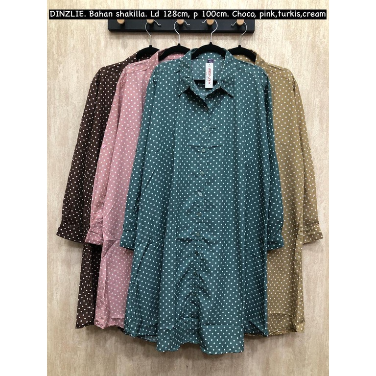 DINZLIE TUNIK DRESS KEMEJA WANITA LENGAN PANJANG BAHAN SHAKILLA MOTIF DOT POLKA POLKADOT BINTIK BIGS