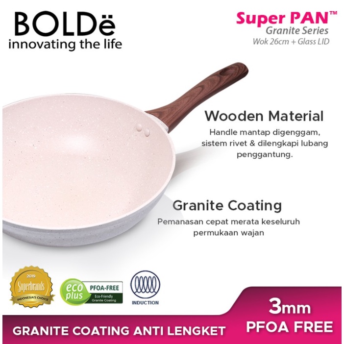 Bolde Super Pan Panci Granite Wok 26 cm + Tutup Kaca / Lid Glass - Beige