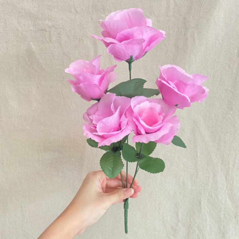Bunga Mawar hias Rose Impor  FL X5 P:40cm (satuan) Bunga Artificial / Bunga Plastik / Bunga Dekorasi-Pink magenta