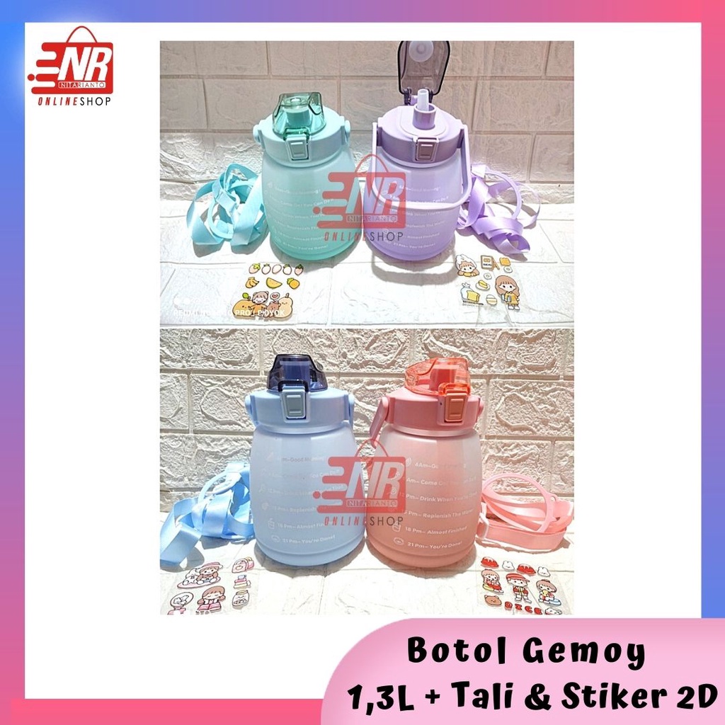 Botol Minum Penanda Waktu Gemoy 1300ML / Botol Minum Viral 1.3 Liter / Botol Viral Plus Stiker 1.3Liter  / Botol Motivasi 1.3Liter / Botol Minum Viral