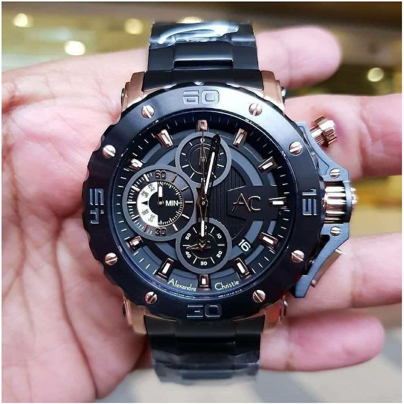 ORIGINAL GARANSI RESMI JAM TANGAN PRIA ALEXANDRE CHRISTIE BLACK ROSE GOLD RANTAI STAINLESS STEEL COW