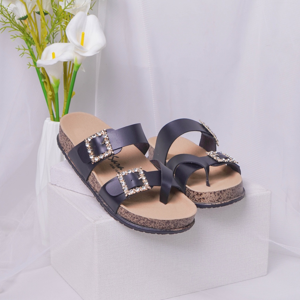 SARA SARA KIARRA Sandal wanita birken ban dua silang kristal sendal cewek flat nyaman terlaris