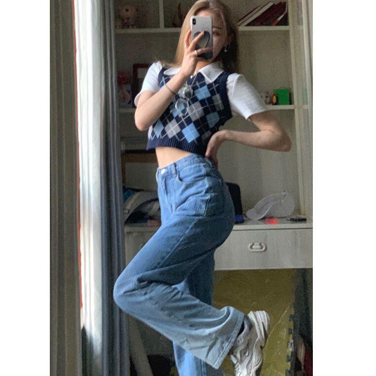 [KBL. 338348] Korea vest rajut Kotak kotak rompi wanita v neck Vintage rompi rajut