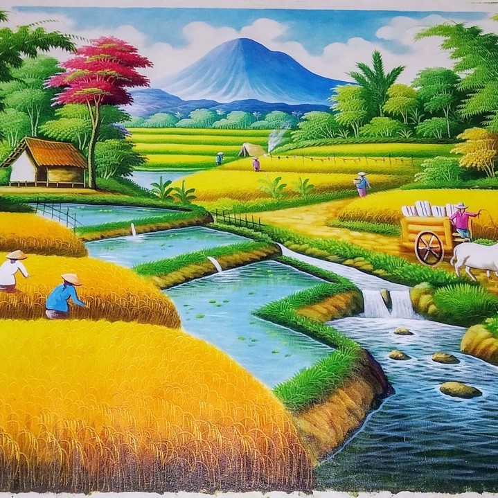 Lukisan Pemandangan Panen Padi dengan Terasering yang Menawan