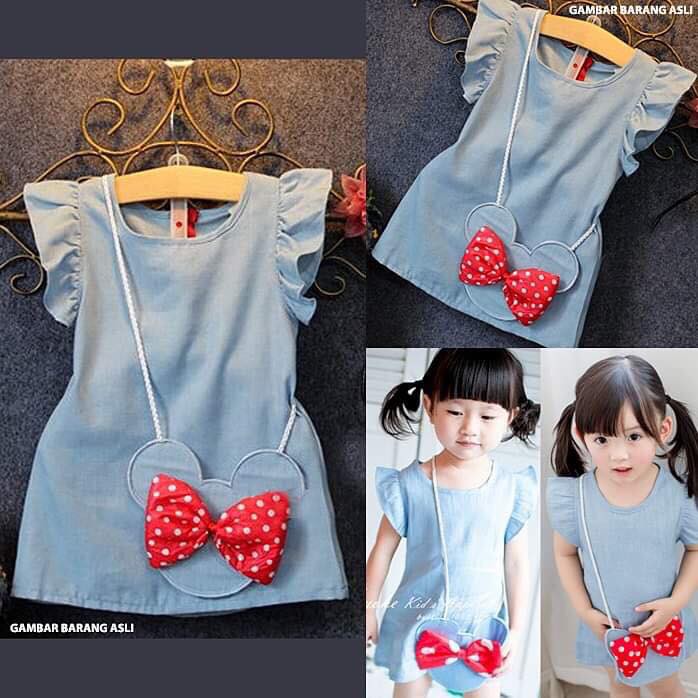 Dress Anak Perempuan Warna Biru Dan Aksesori Gaun Simple Anak Perempuan Feminin Impor Tas Minnie