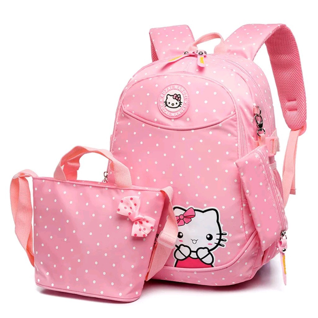 READY TAS ANAK ANAK CEWEK 3 IN 1 HELLO KITTY FASHION TK SD SMP LUCU PINK UNGU KADO HADIAH RANSEL SEL