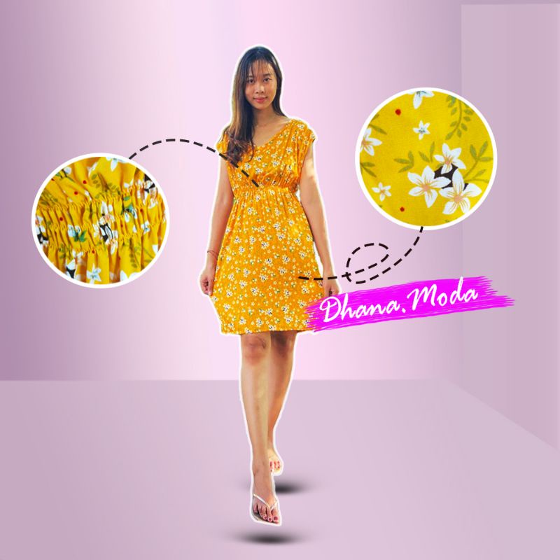 Dress Korean Style Wanita Kekinian Fashion Perempuan Model Daster Terbaru Warna Pink Hitam Kuning Mo