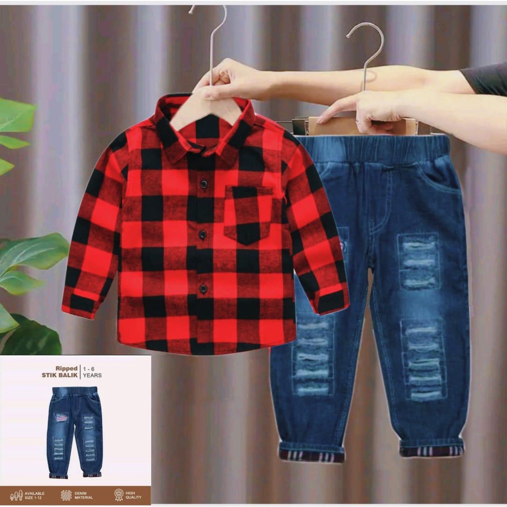 SETELAN KEMEJA FLANEL ANAK DAN JEANS STIK BALIK ANAK LAKI LAKI 1-7 TAHUN TERLARIS / SETELAN KEMEJA DAN LEVIS PANJANG ANAK / SETELAN LEBARAN ANAK